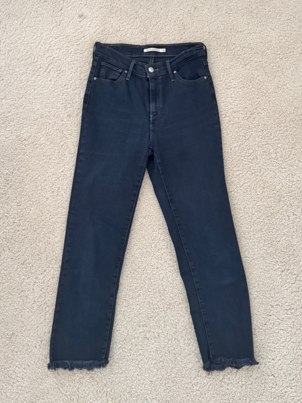 Levi's 724 Navy High-Rise Straight Cropped Jeans with Frayed Hem